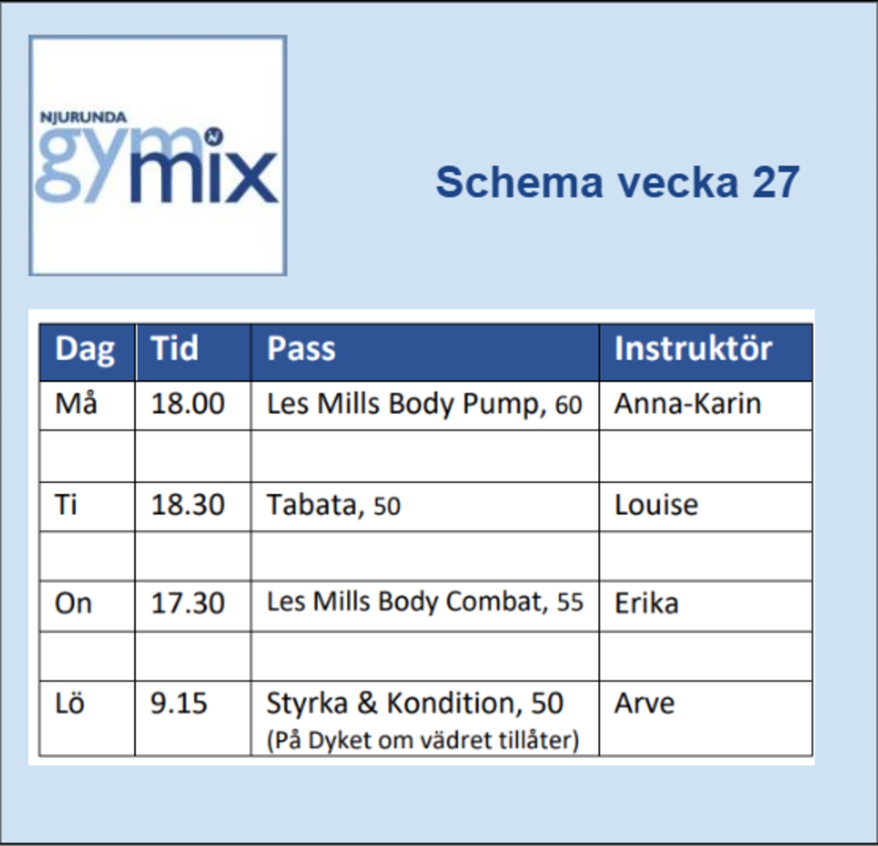 Schema vecka 27