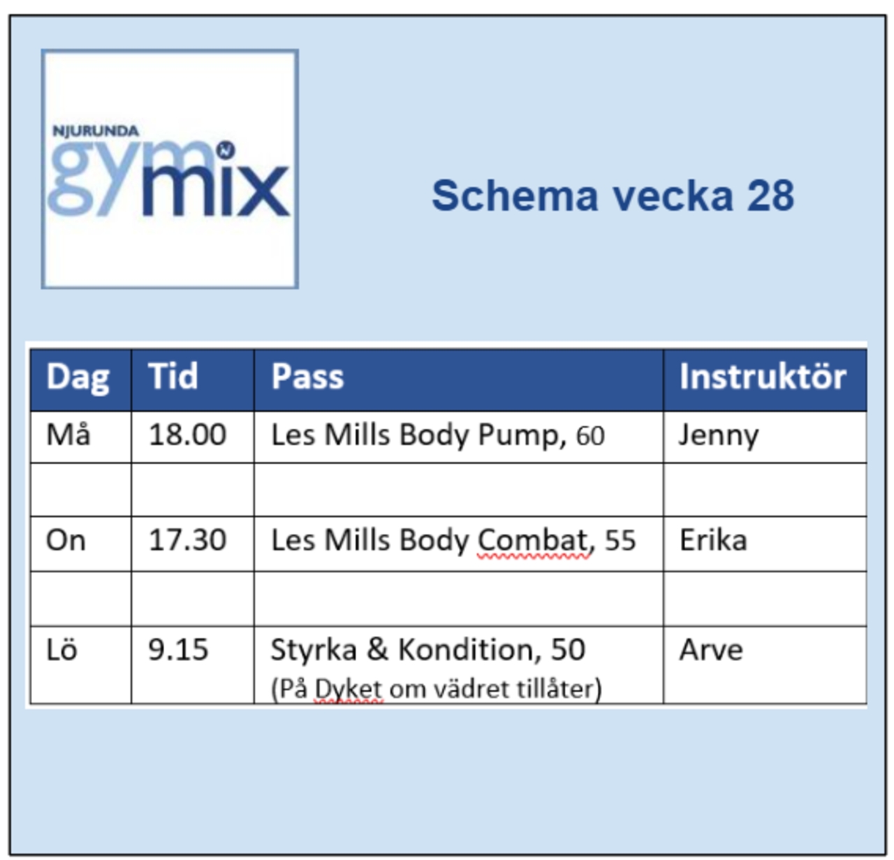 Schema vecka 28