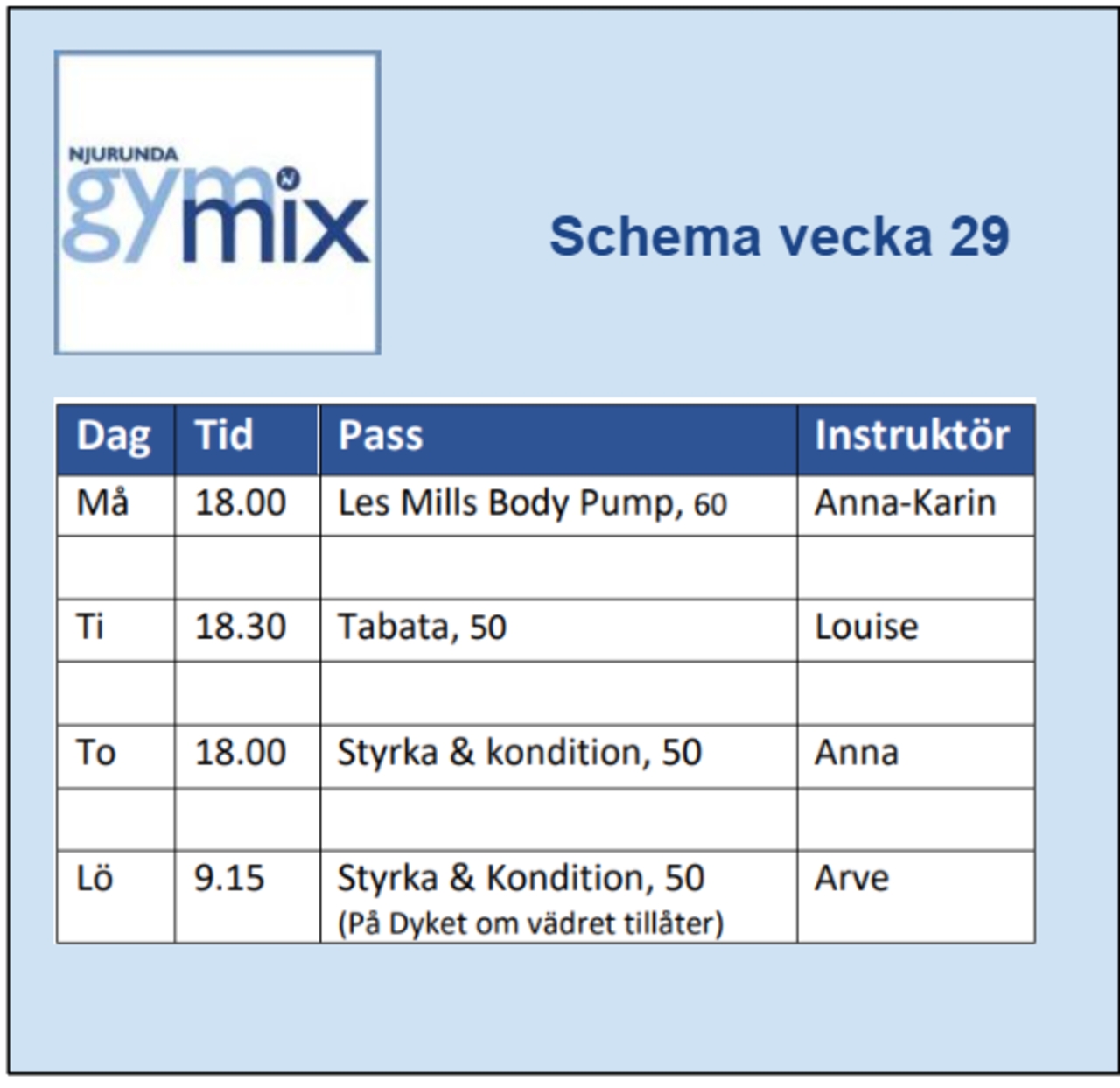 Schema vecka 29