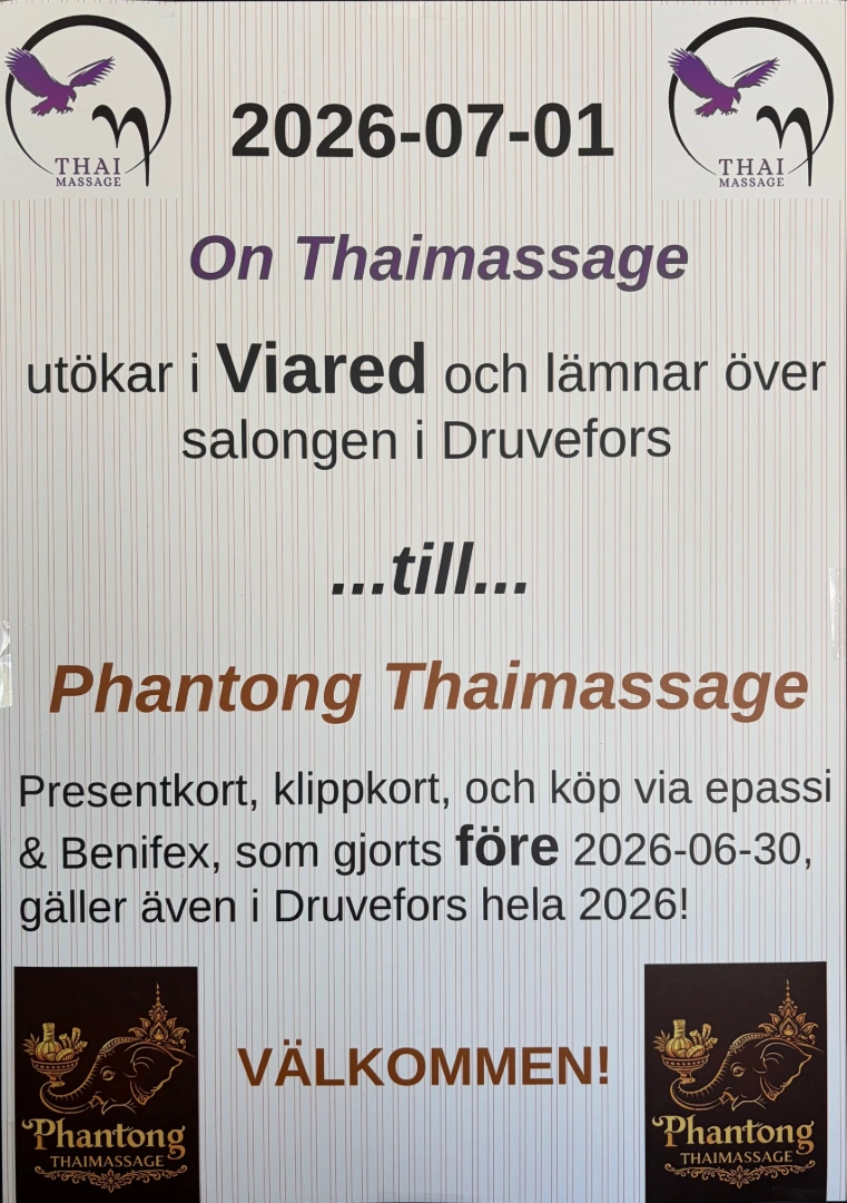 Vi överlämnar salongen i Druvefors till Phantong Thaimassage!