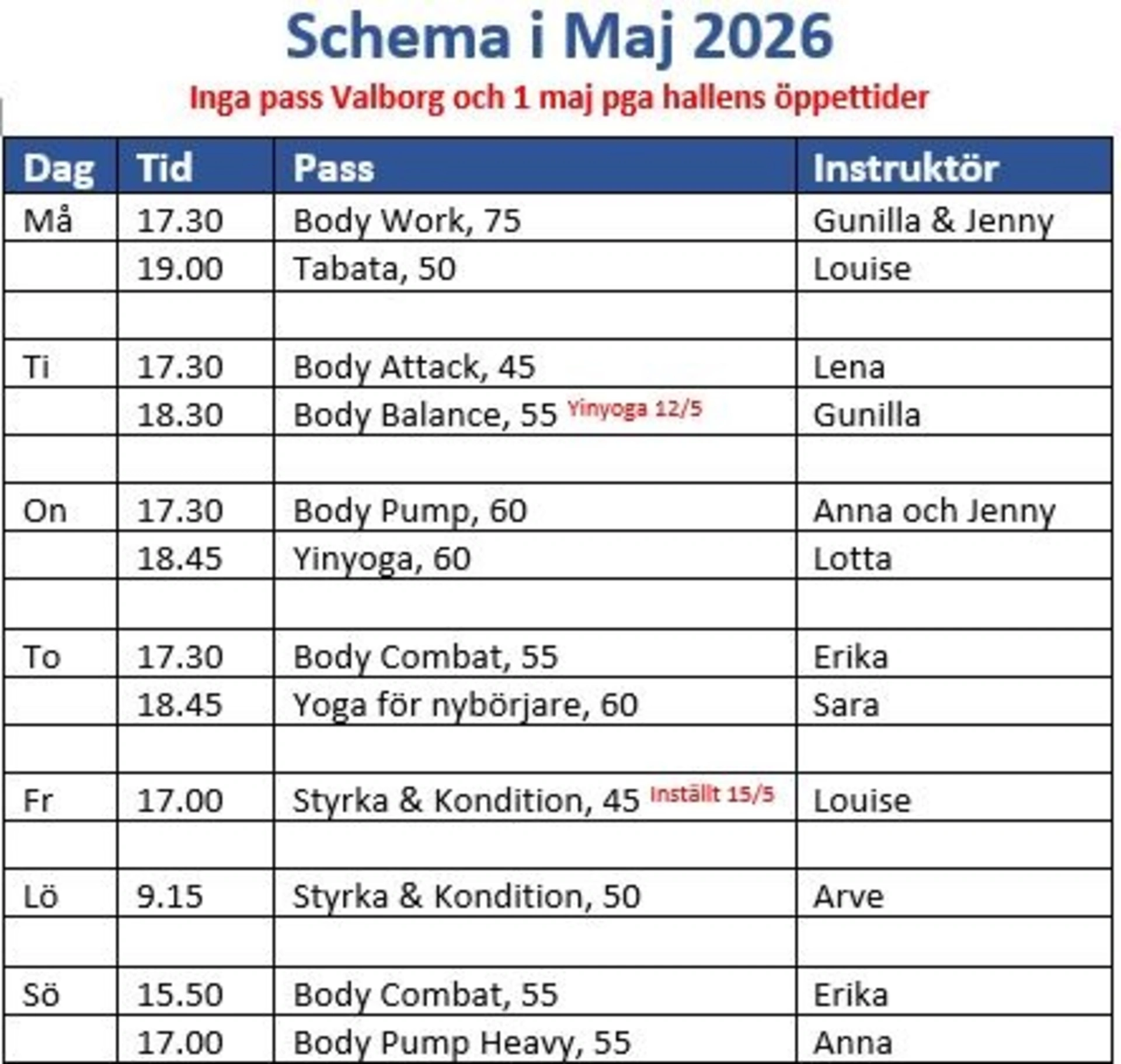 Schemaändringar i Maj!